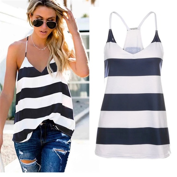 Navy & White Striped Racerback Tank Tops - Picture 3 of 4